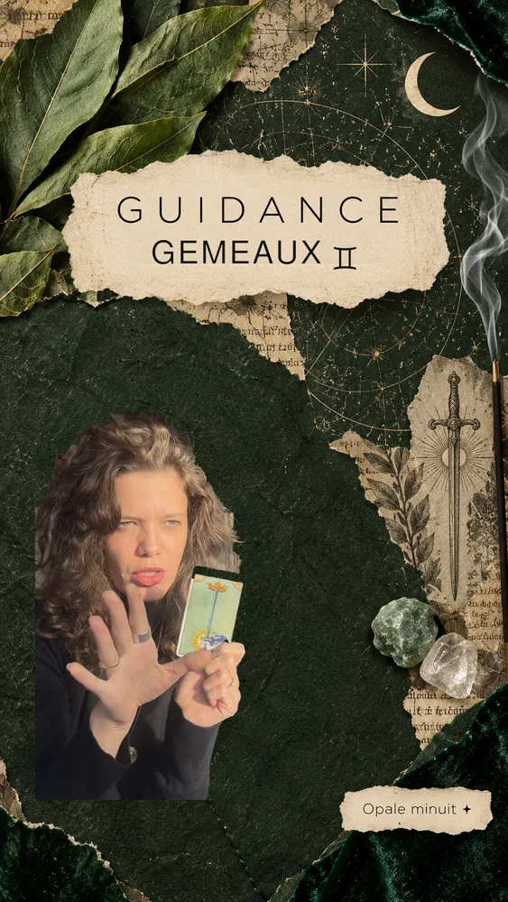 Collage guidance Gémeaux, vert profond, lune et tirage de cartes